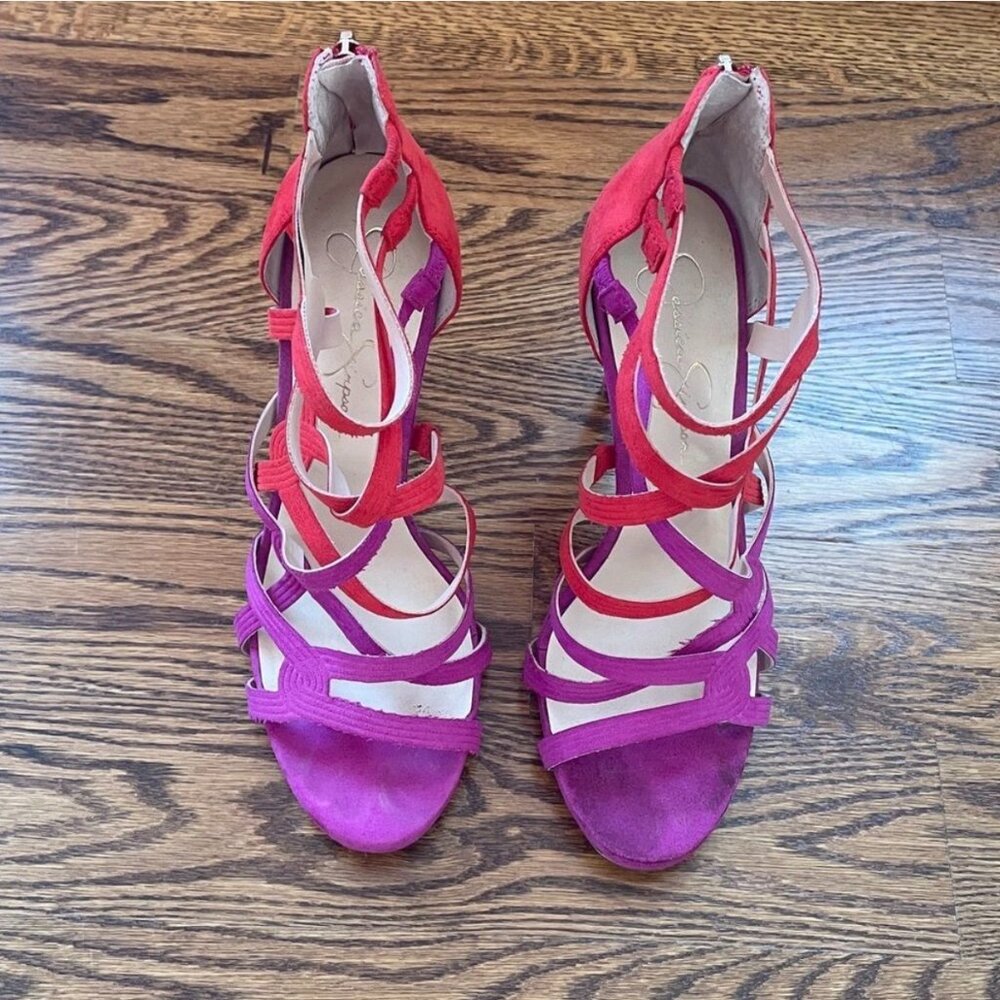 Jessica Simpson Strappy Rainah Red and Purple Faux Suede Heels Size 9.5 - Picture 5 of 11